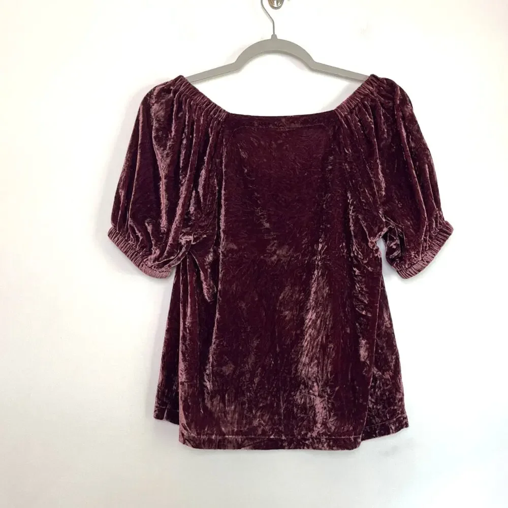 Loft Womens Crushed Velvet Sweetheart Neck Puff Sleeve Blouse Size XS Maroon